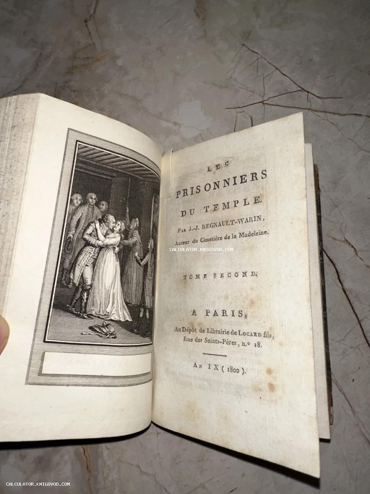 Разворот старинной французской книги с гравированным фронтисписом и титульным листом «Les Prisonniers du Temple».