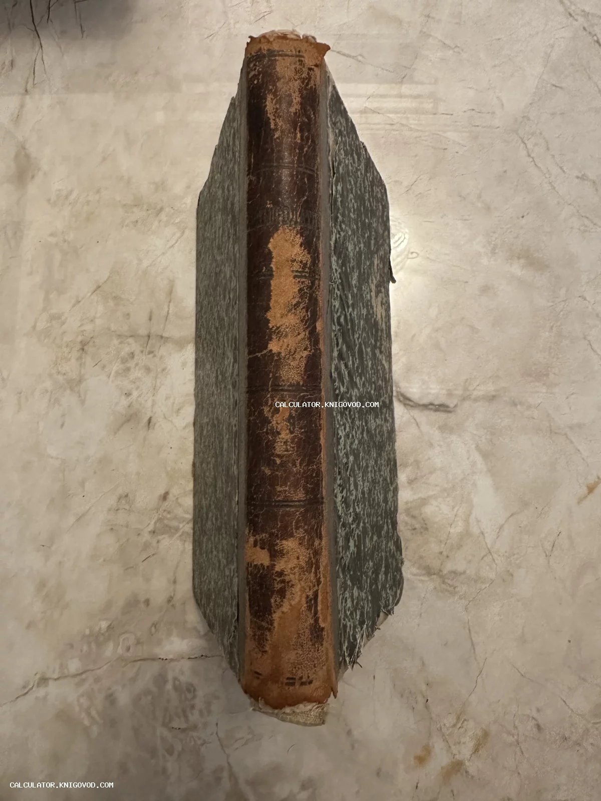 Вид сверху на сильно потертый кожаный корешок и мраморные боковины старинной книги на светлом фоне.