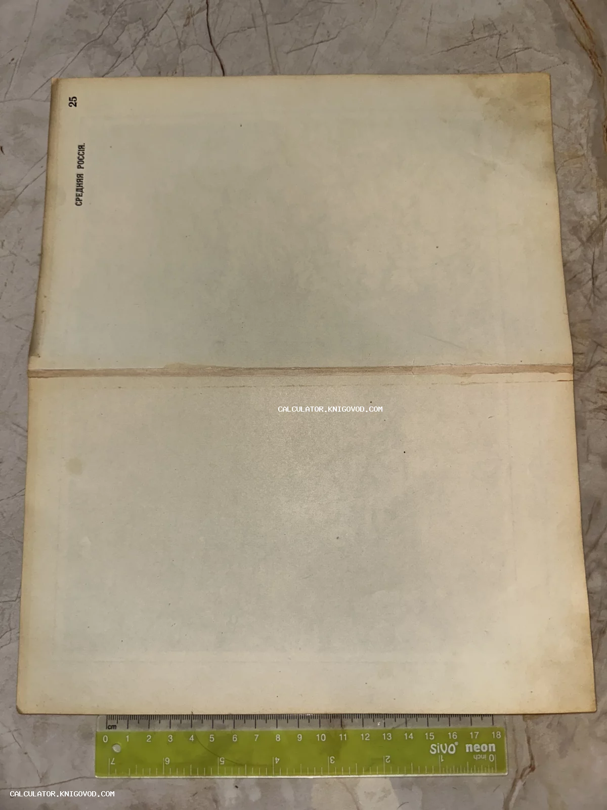 Оборотная сторона старинного печатного листа с заголовком Средняя Россия и номером 25 на пожелтевшей бумаге.