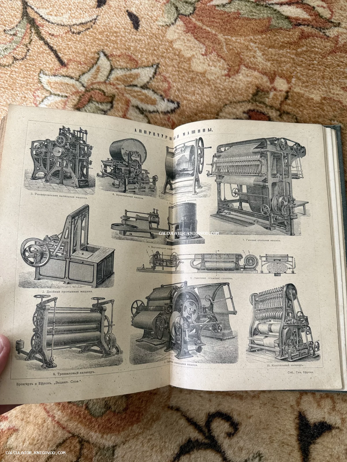 Разворот антикварной книги с детальными черными гравюрами различных промышленных станков и механизмов конца XIX века.