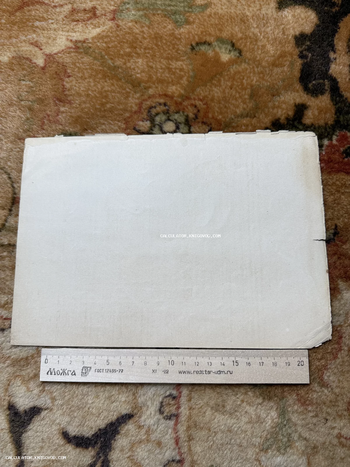 Чистый старинный лист плотной бумаги с неровными краями на фоне ковра с линейкой для масштаба.