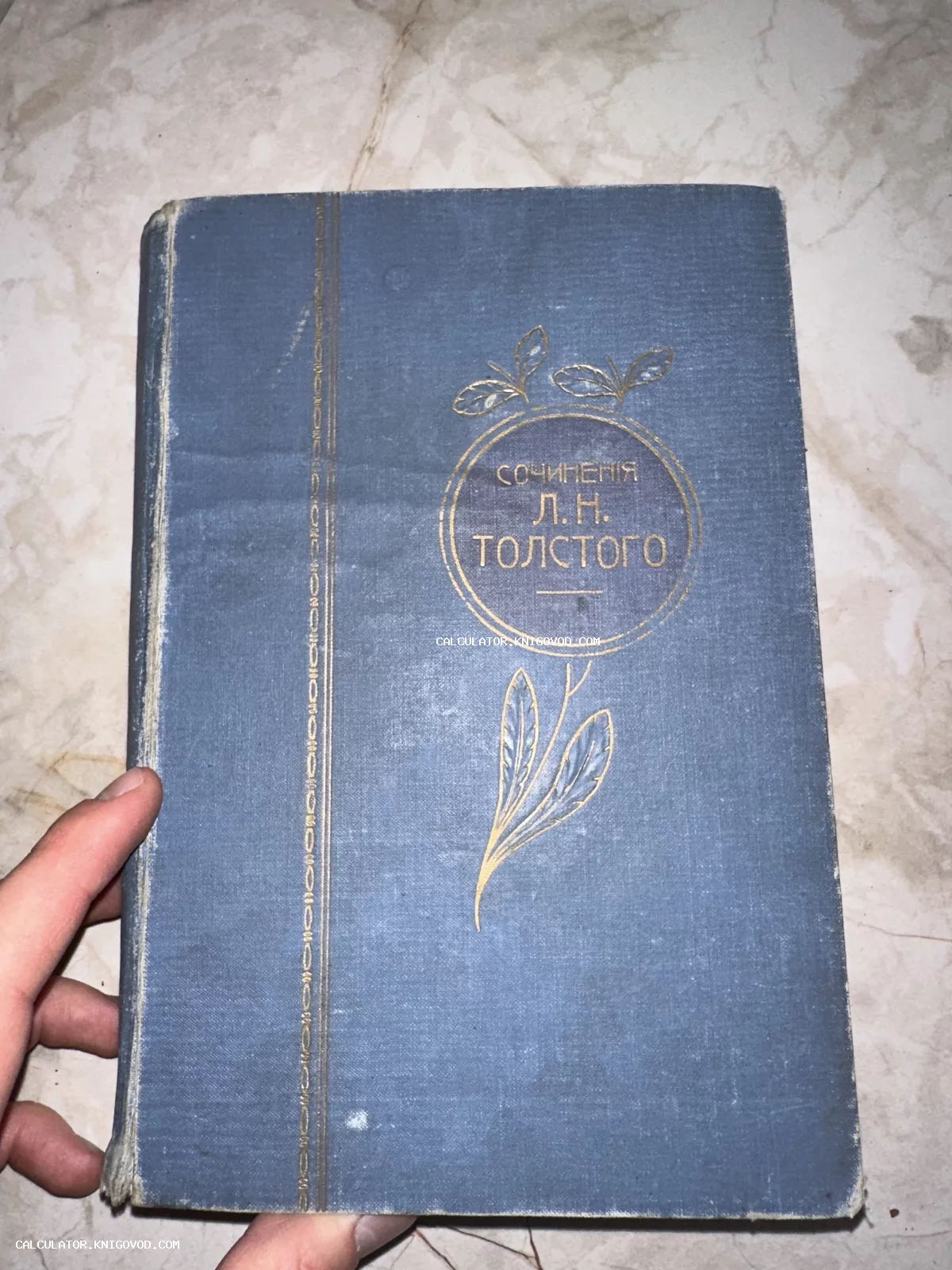 Старинная книга в синем коленкоровом переплете с золотым тиснением «Сочинения Л.Н. Толстого» и растительным орнаментом.