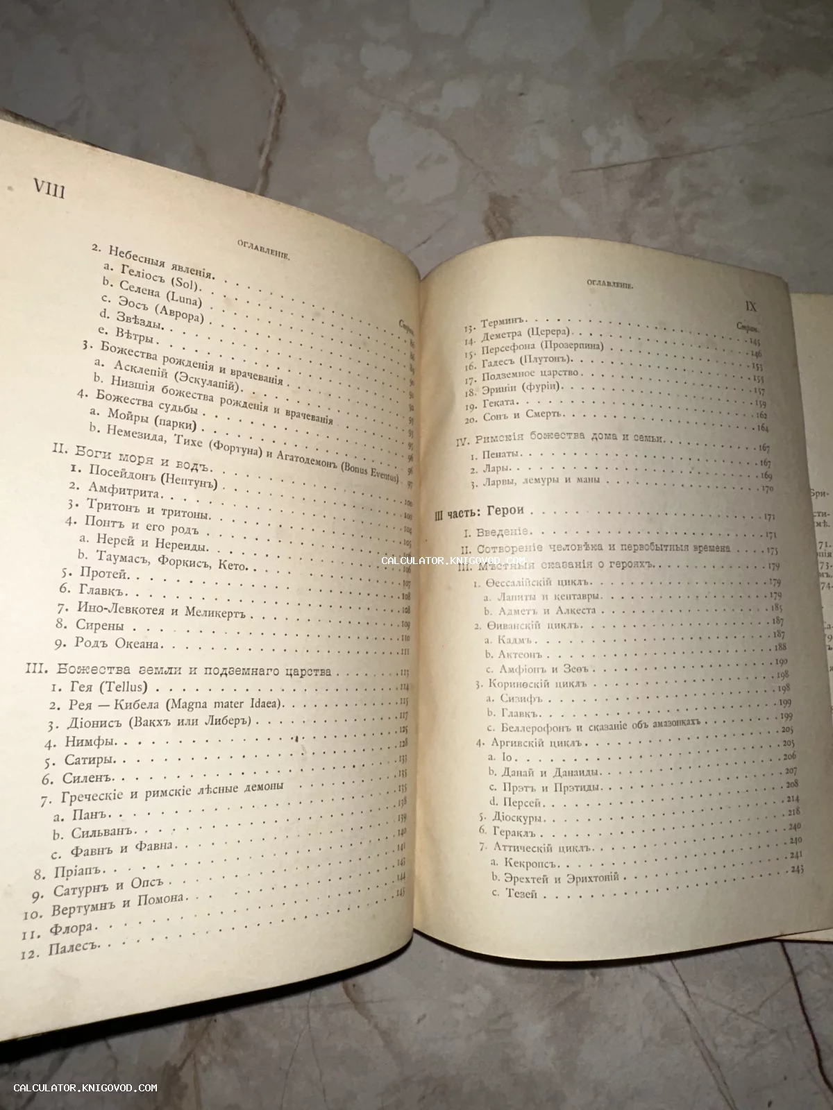 Разворот старинной книги с оглавлением на дореволюционном русском языке, посвященным греческим и римским богам.