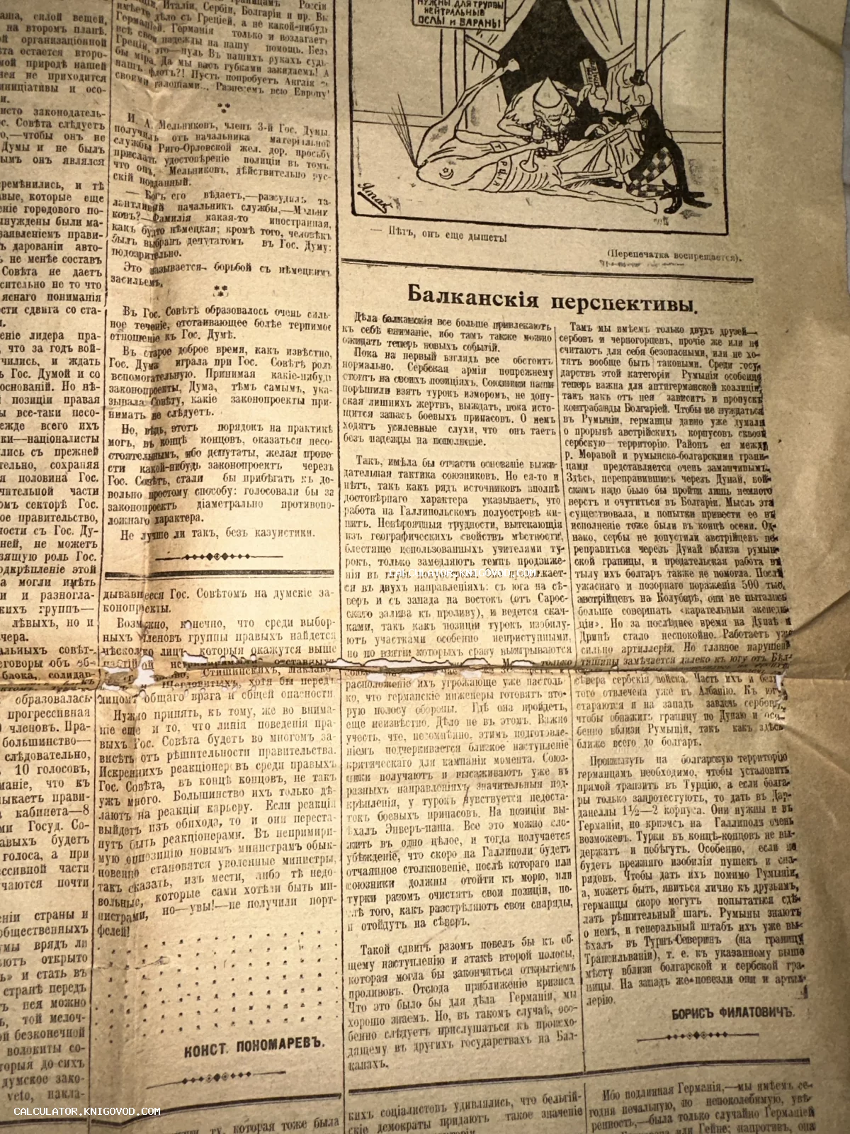 Пожелтевшая страница старинной газеты с политической карикатурой и статьями в дореволюционной орфографии.