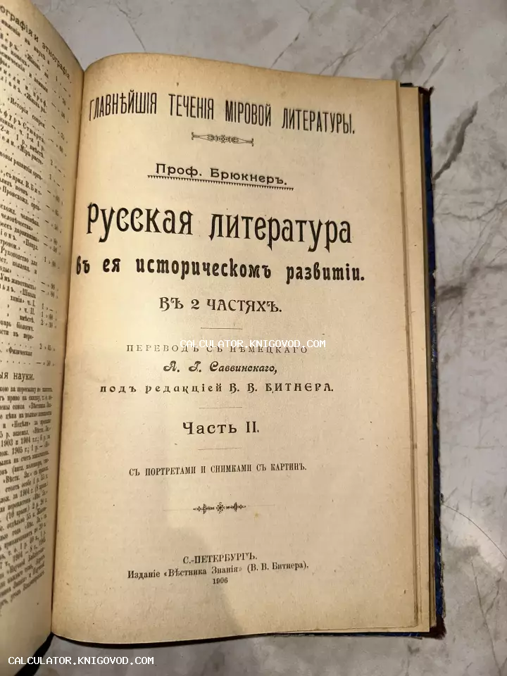 Титульный лист старинной книги 1906 года издания под редакцией Битнера о русской литературе.
