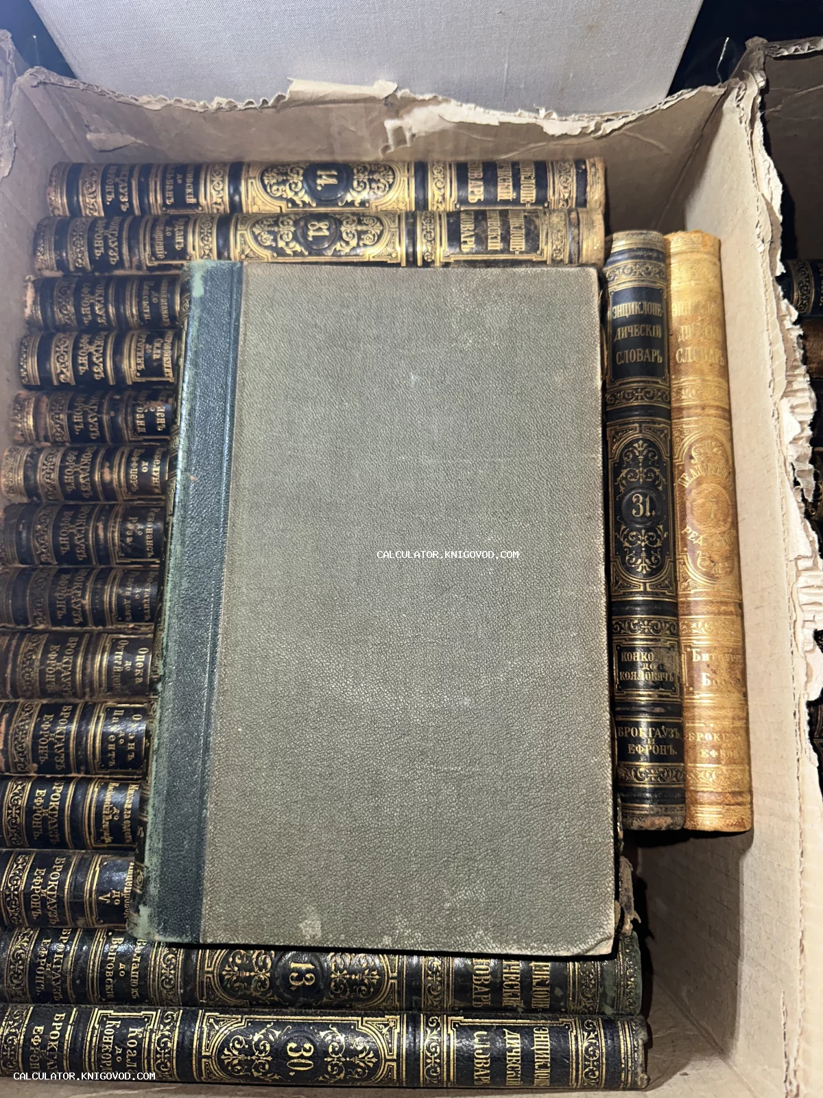 Старинные тома энциклопедического словаря Брокгауза и Ефрона с золотым тиснением в картонной коробке.