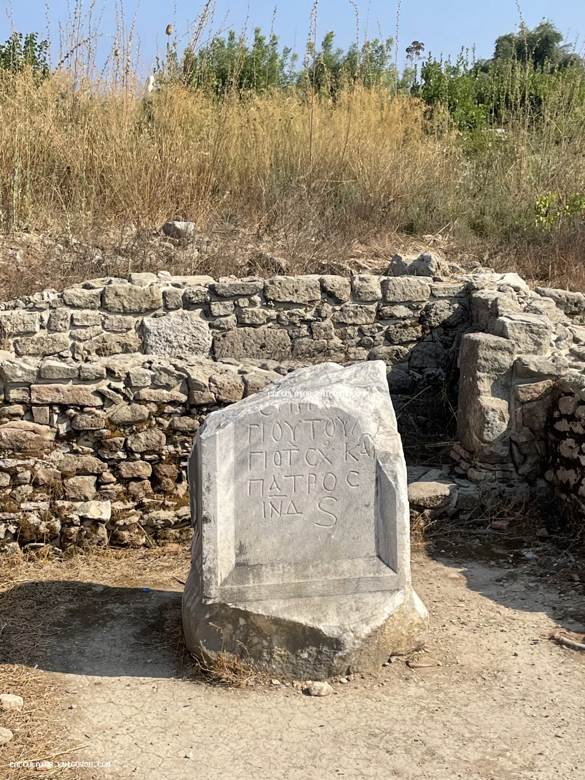 Крупный план древнего известнякового блока с высеченной греческой надписью на фоне археологических руин.