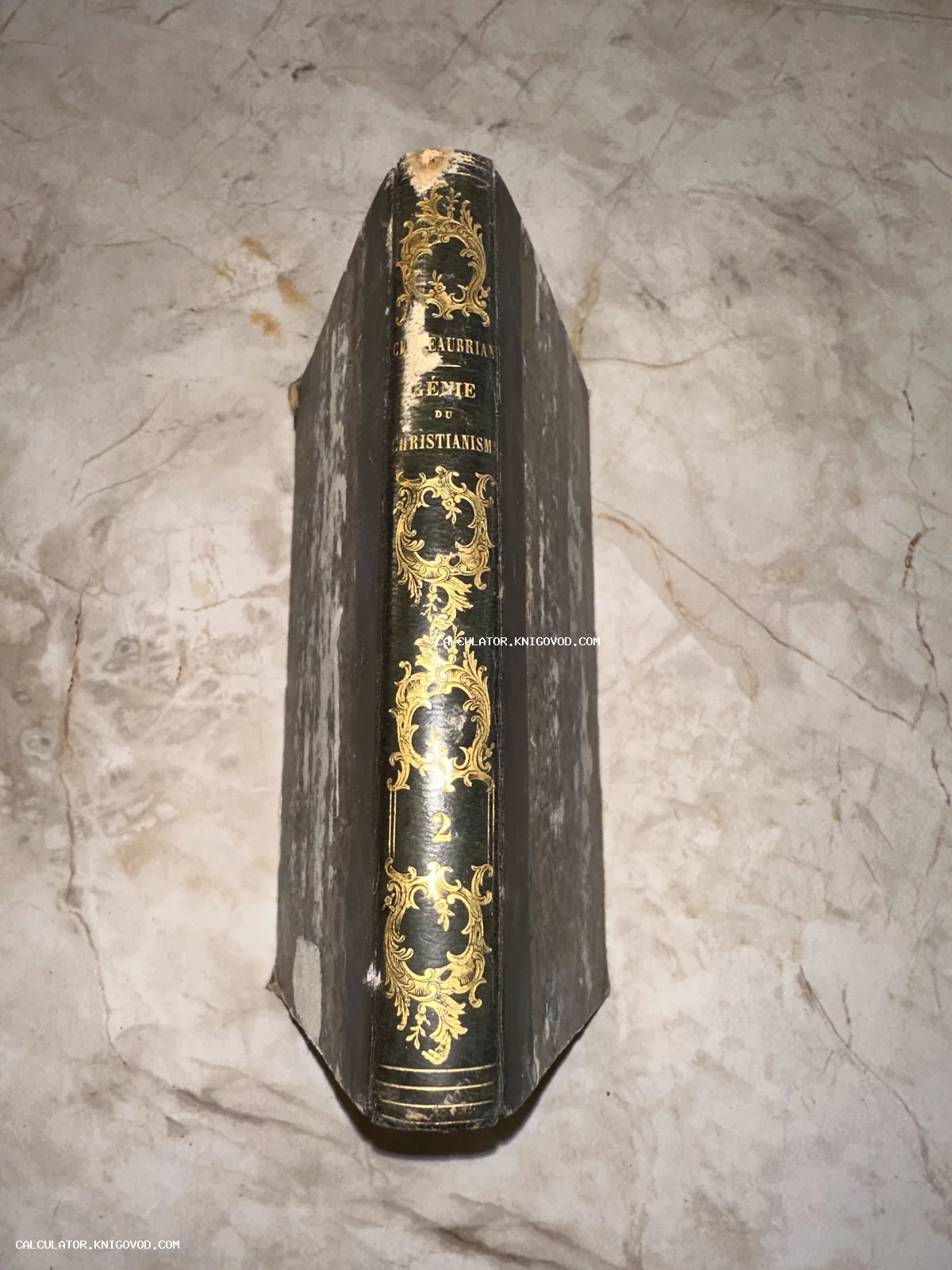 Корешок антикварной книги Шатобриана «Гений христианства» с золотым тиснением и растительным орнаментом.