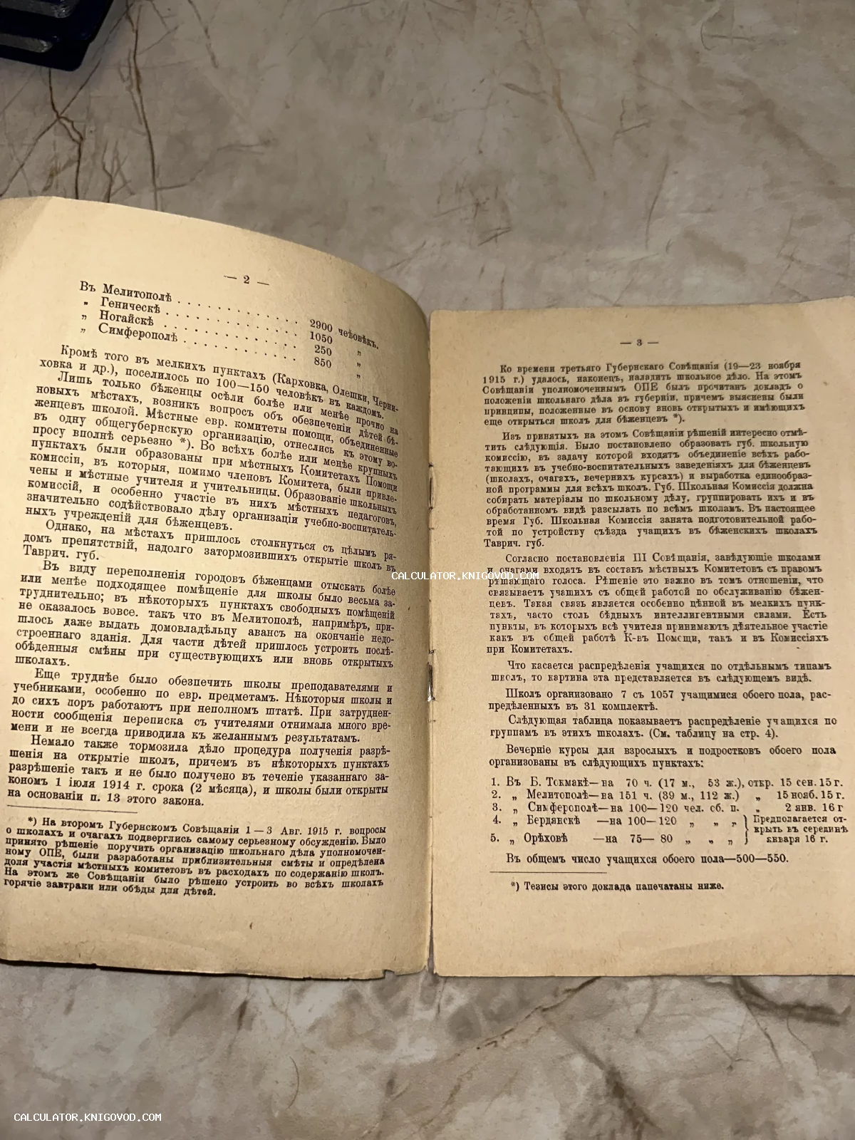 Разворот антикварной печатной книги 1915 года с текстом на дореволюционном русском языке о беженцах в Мелитополе и Симферополе.