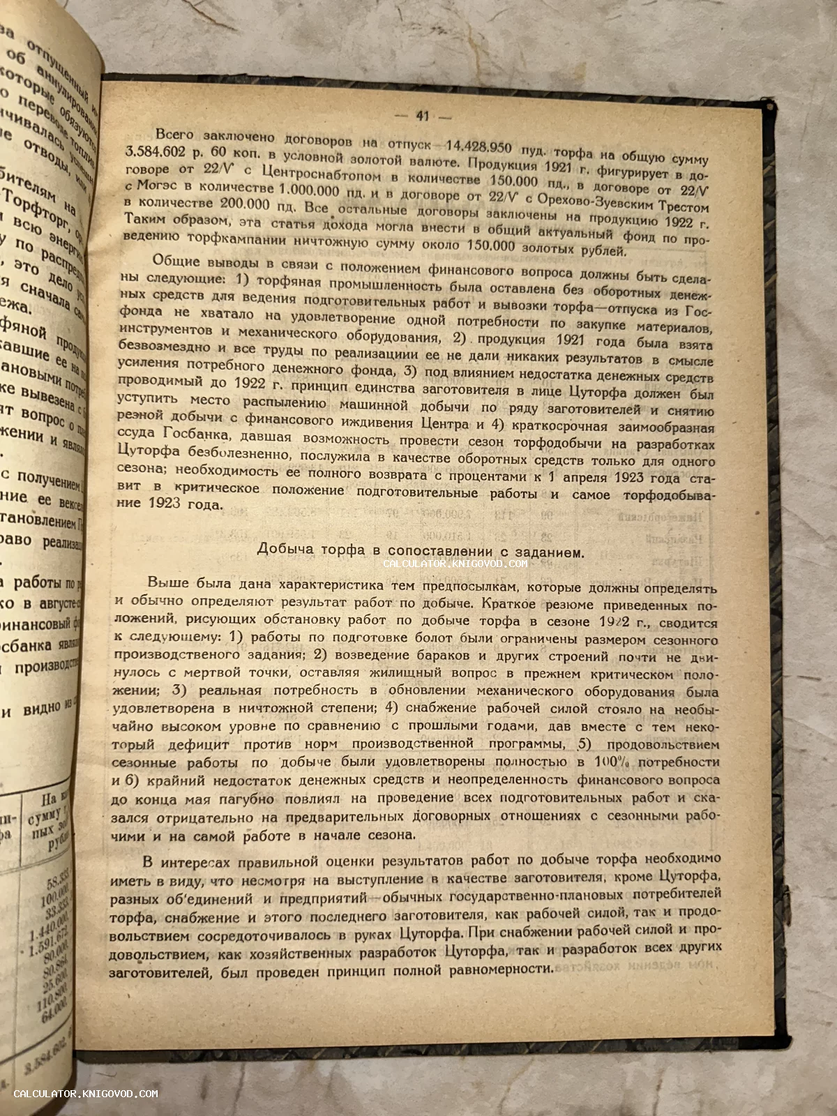Разворот старой книги с текстом о добыче торфа в СССР начала 1920-х годов, напечатанным на пожелтевшей бумаге.