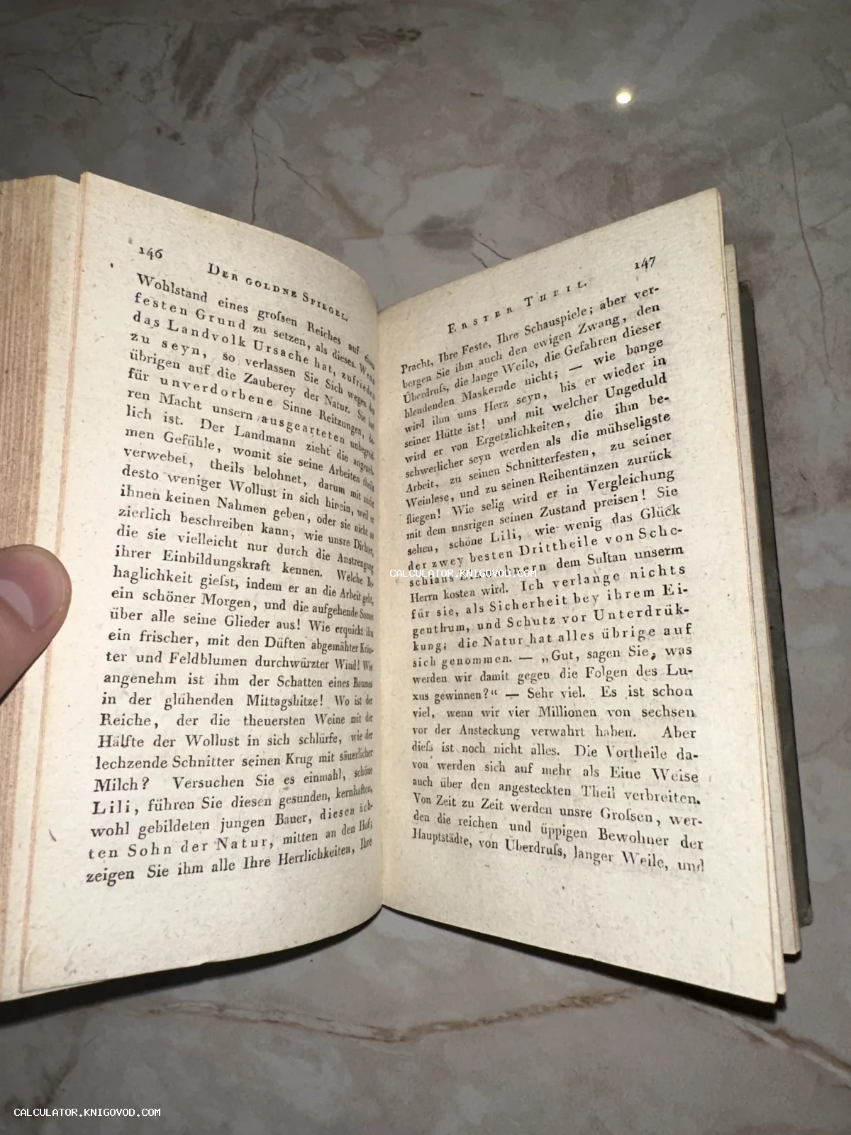 Разворот старинной книги на немецком языке с готическим шрифтом, страницы 146 и 147 романа Der Goldne Spiegel.