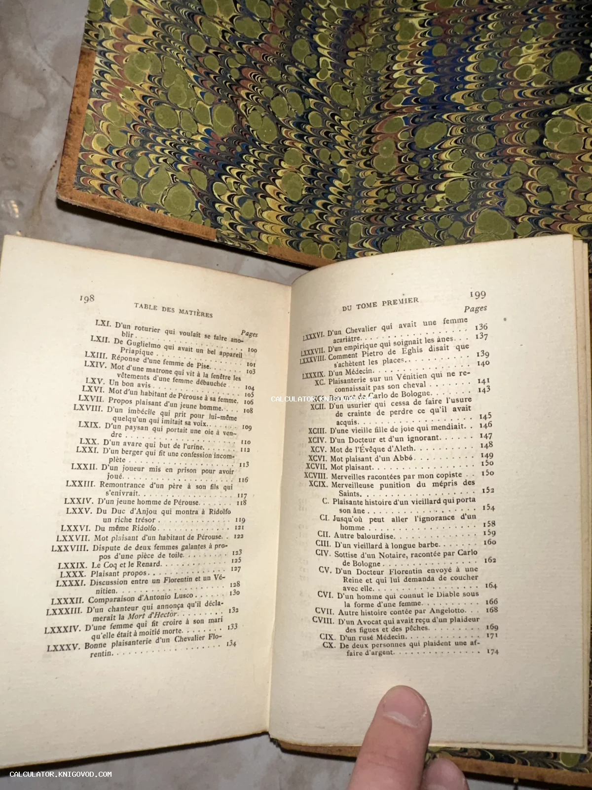 Разворот старинной книги на французском языке с перечнем глав и мраморной бумагой на форзаце.