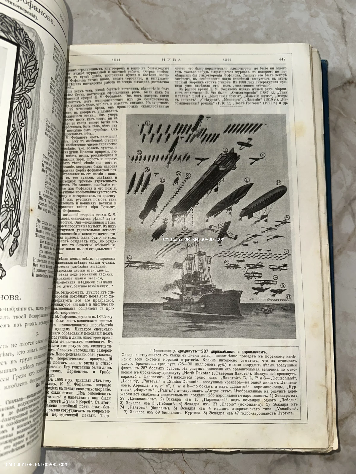 Разворот дореволюционного журнала Нива с иллюстрацией сравнения размеров линкора-дредноута и флотилии дирижаблей и самолетов.