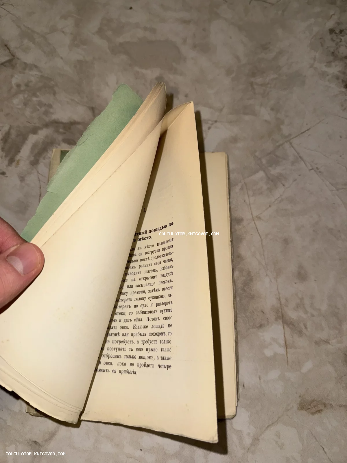 Раскрытая старинная книга с пожелтевшими страницами, напечатанная дореволюционным шрифтом, на фоне мраморной поверхности.