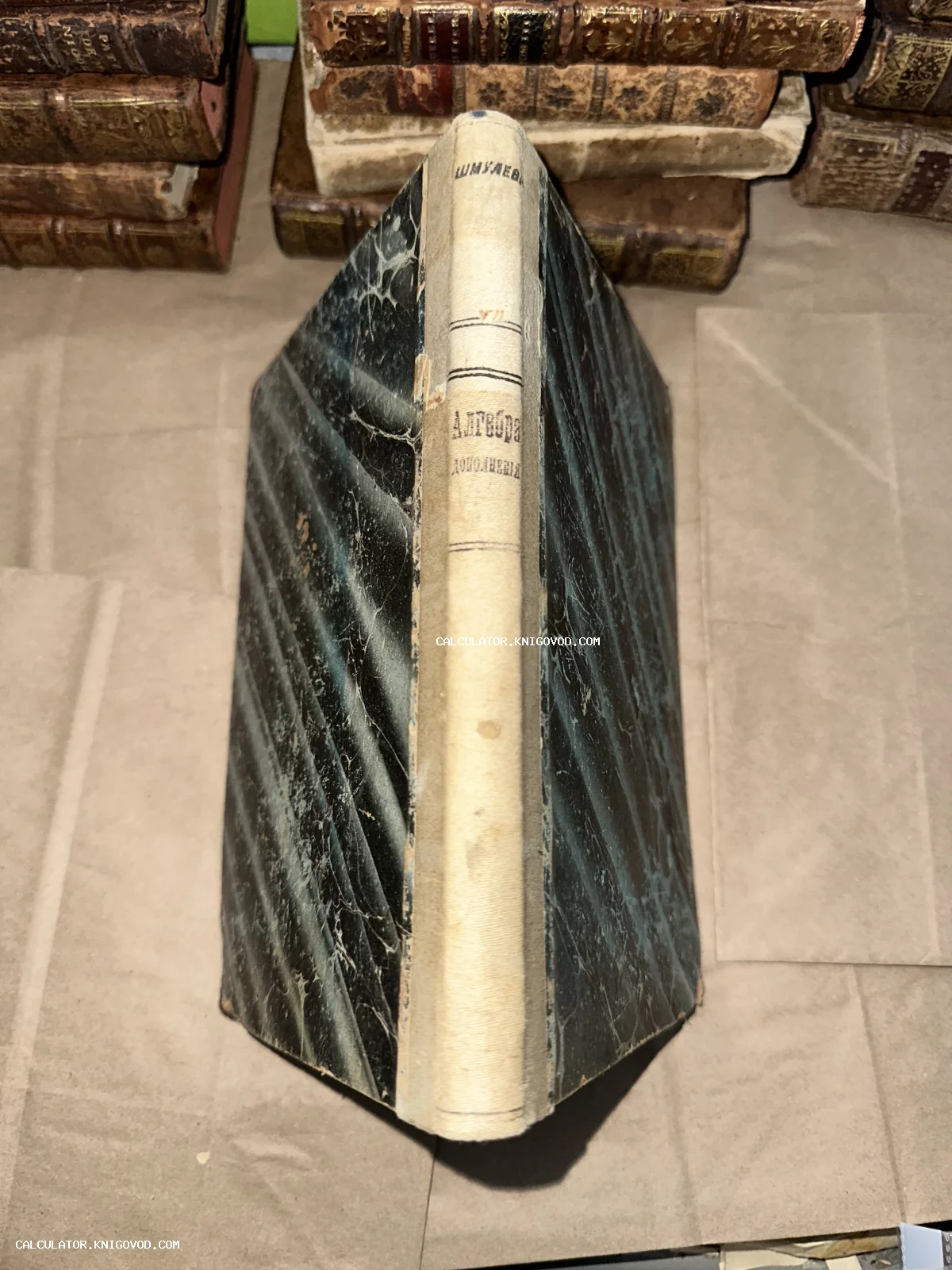 Антикварная книга в твердом переплете с мраморным узором, на корешке надпись «Алгебра. Дополнения», вид сверху.