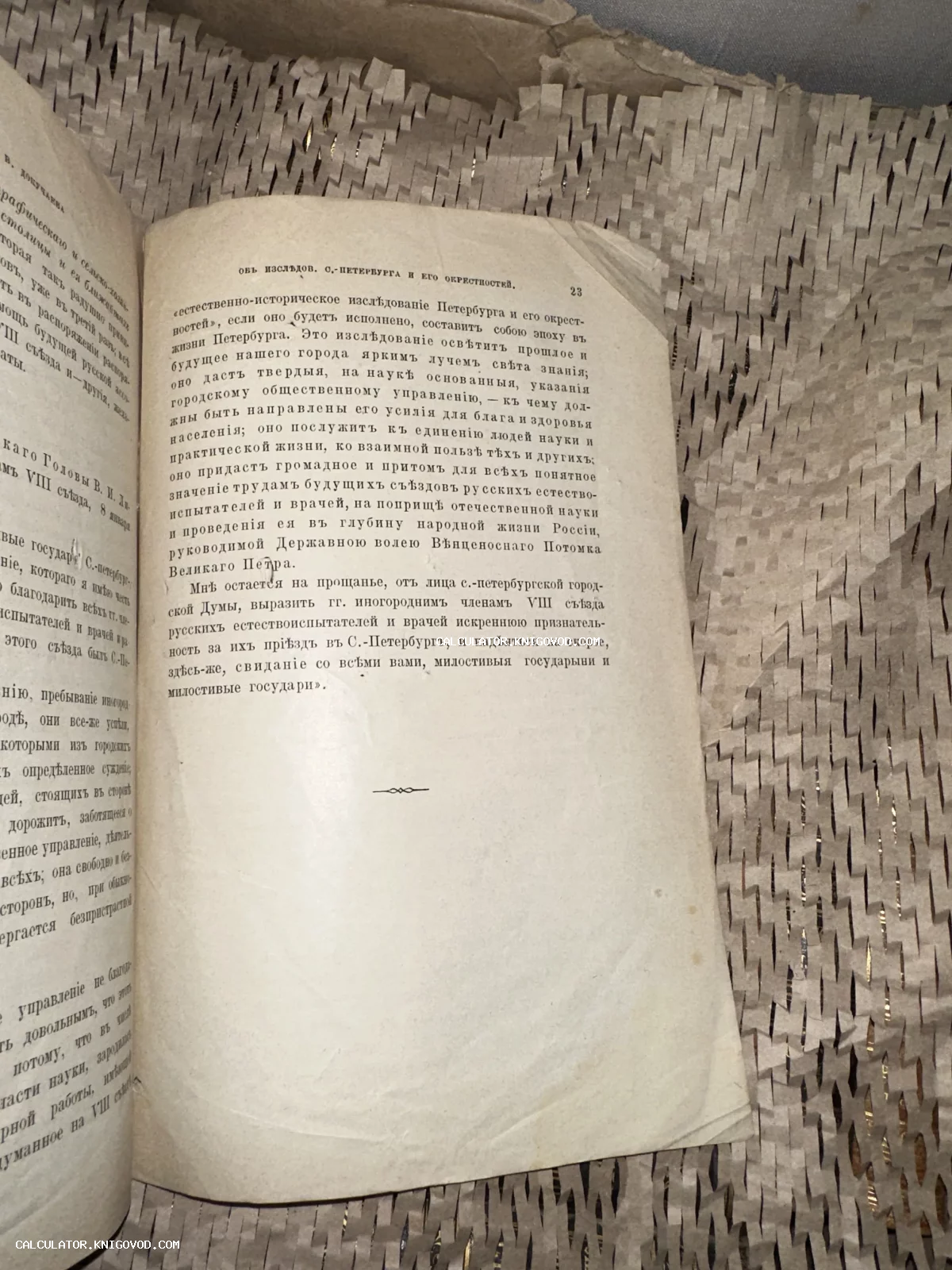 Разворот старинной книги с текстом на дореволюционном русском языке, посвященным исследованию Санкт-Петербурга.