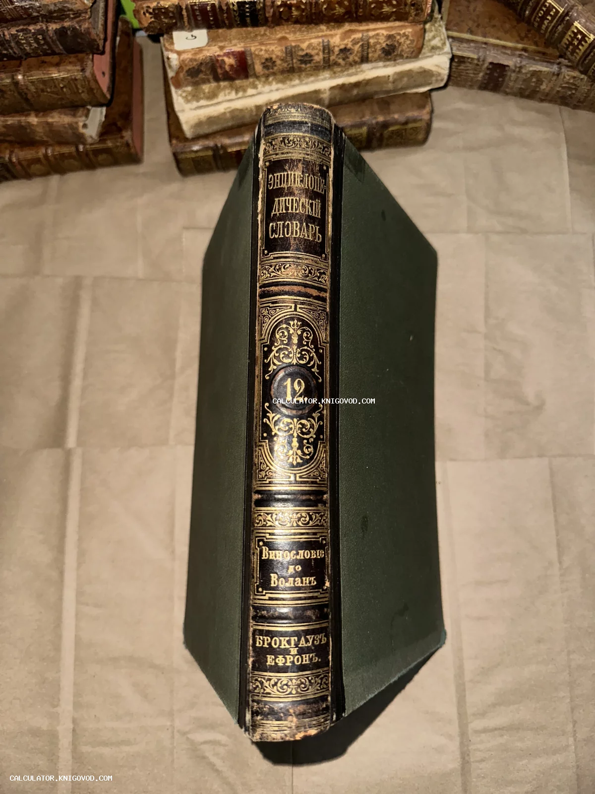 Корешок антикварной книги с золотым тиснением: Энциклопедический словарь Брокгауза и Ефрона, том 12, Винословие — Воланъ.