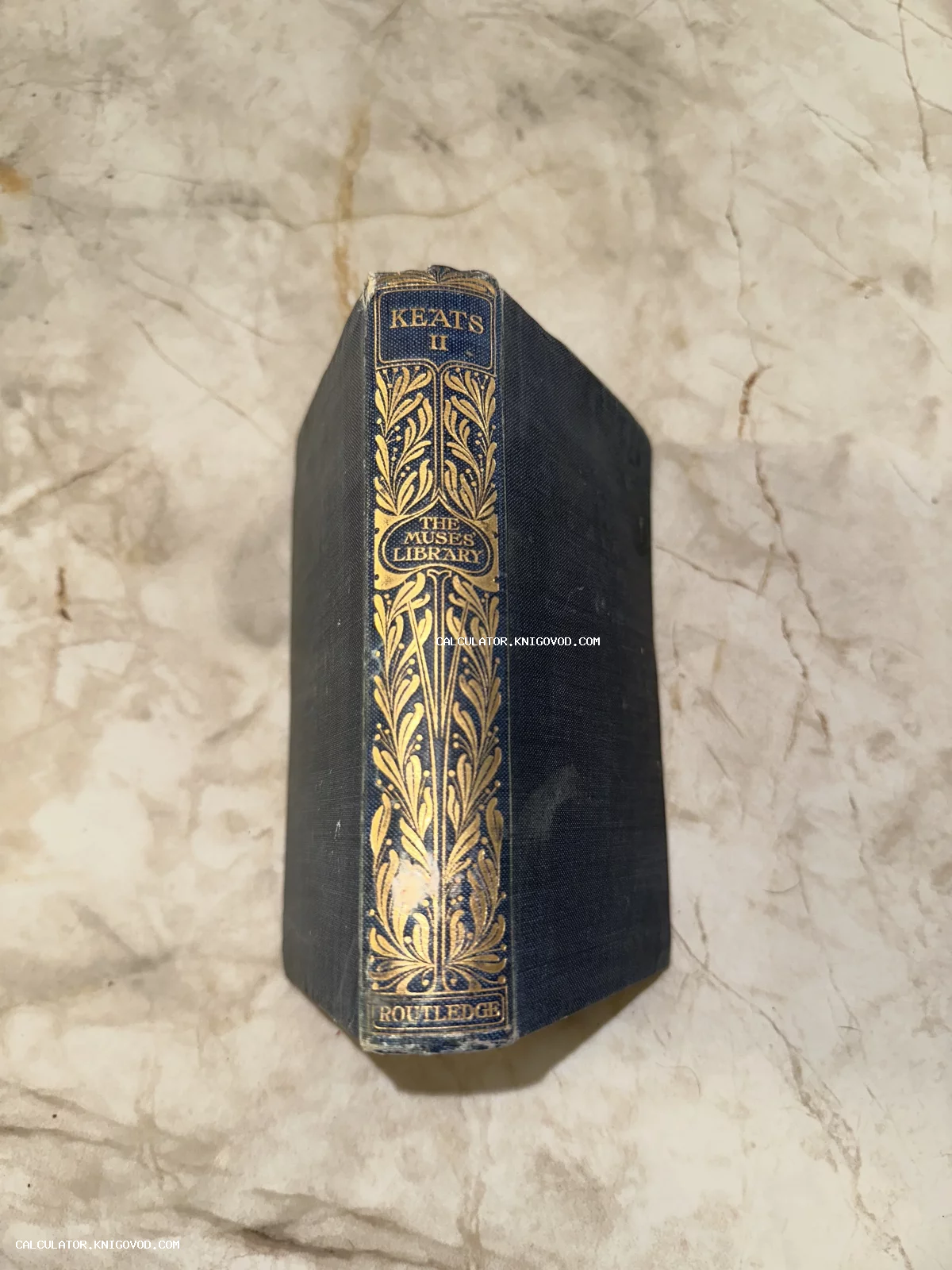 Корешок антикварной книги Джона Китса в темно-синем переплете с золотым растительным орнаментом.