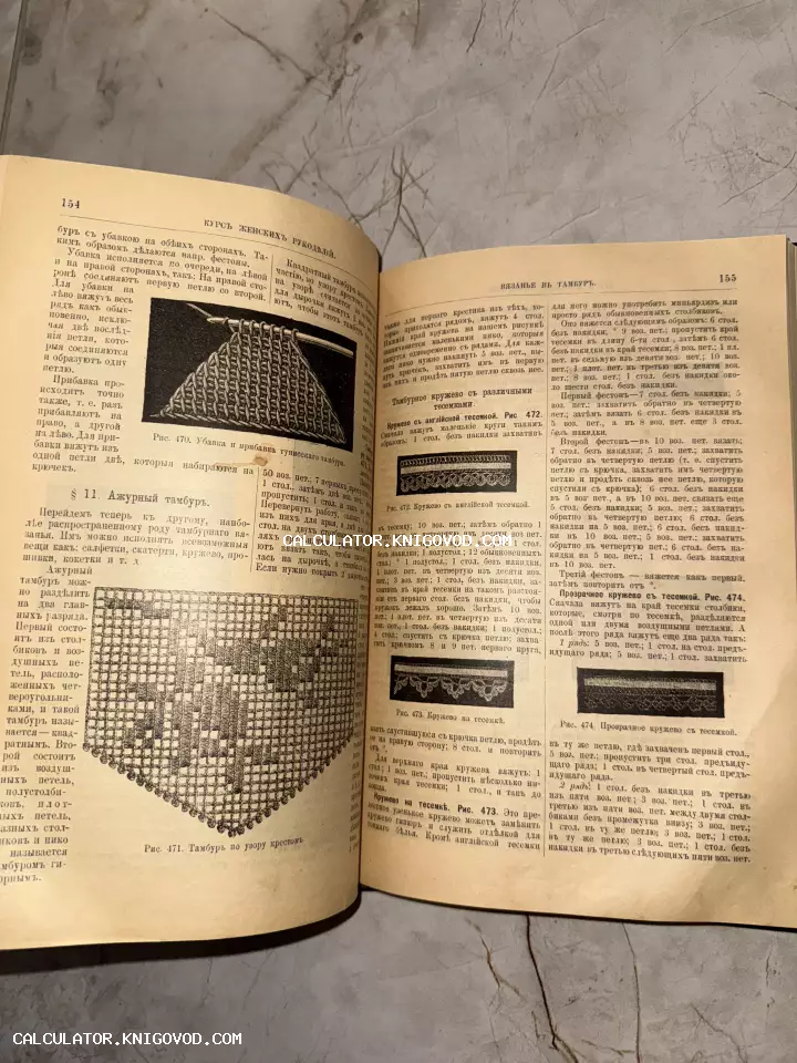 Разворот старинной книги с текстом на дореволюционном русском языке и графическими иллюстрациями техник вязания крючком и образцов кружева.