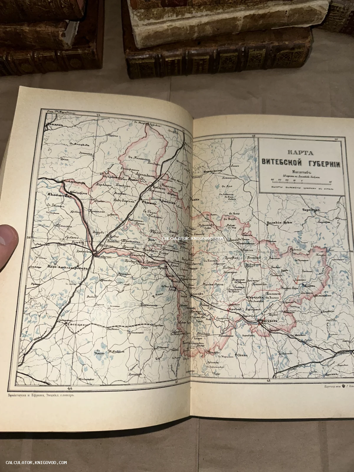 Разворот старинной книги с детальной литографированной картой Витебской губернии конца XIX века.