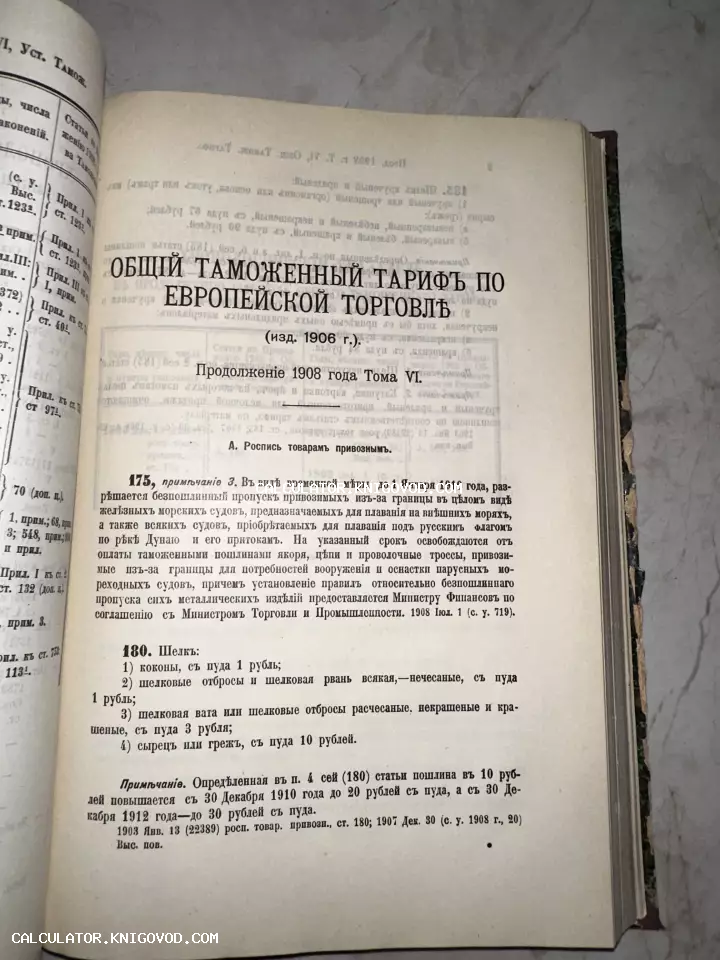 Разворот старинной книги 1908 года с заголовком Общий таможенный тариф по европейской торговле и текстом о ввозных пошлинах на шелк.