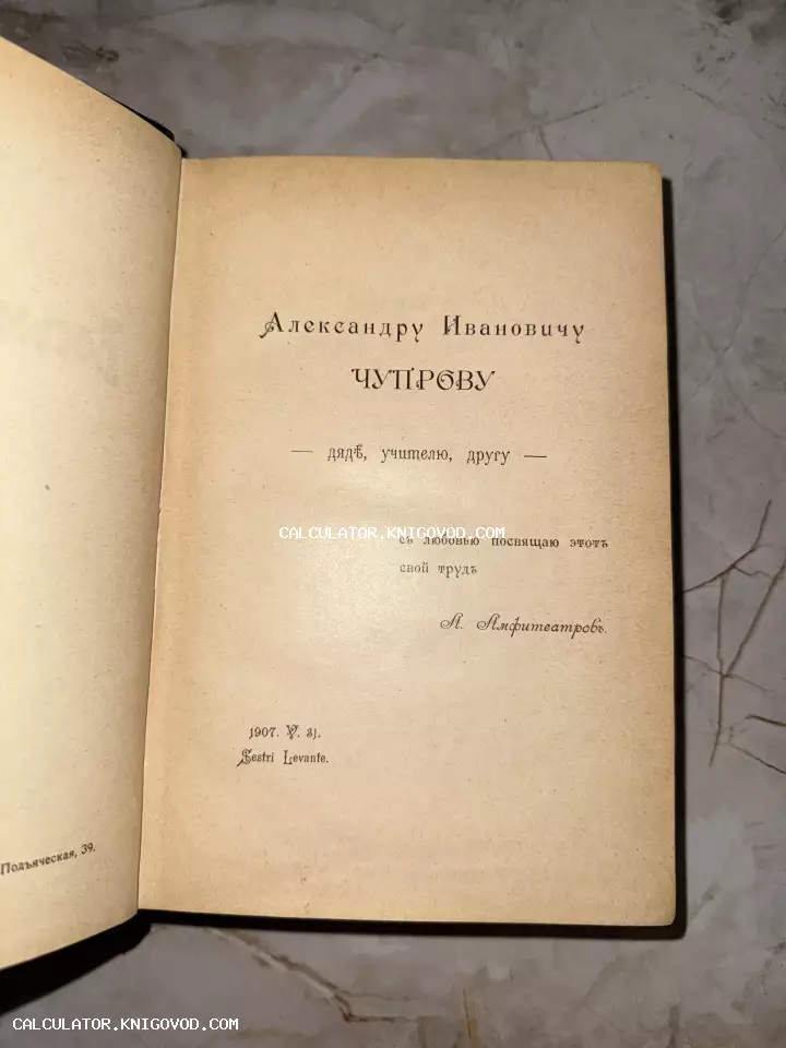 Страница антикварной книги с печатным посвящением Александру Ивановичу Чупрову от Александра Амфитеатрова, датированная 1907 годом.
