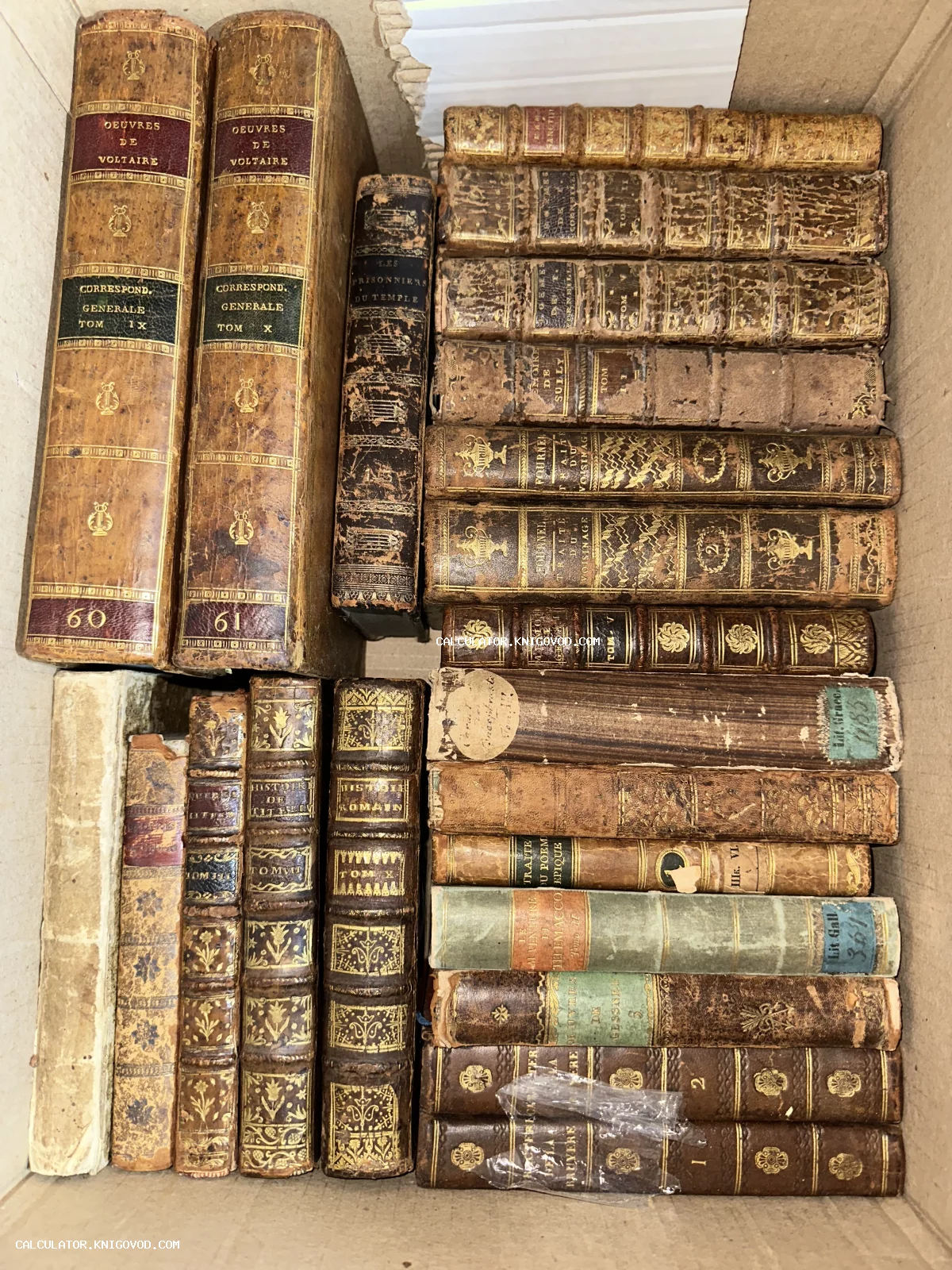 Старинные французские книги XVIII-XIX веков с золотым тиснением на кожаных корешках, сложенные в коробку.