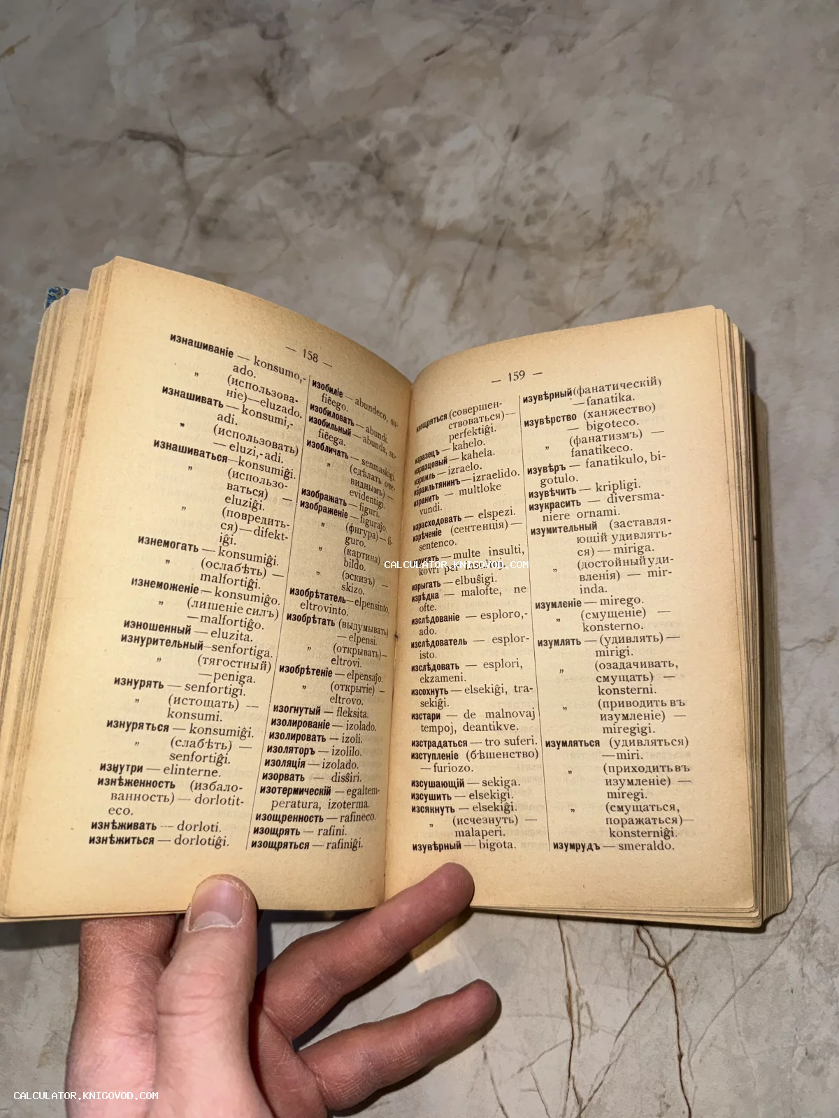 Разворот антикварной книги со страницами русско-эсперанто словаря в дореволюционной орфографии.