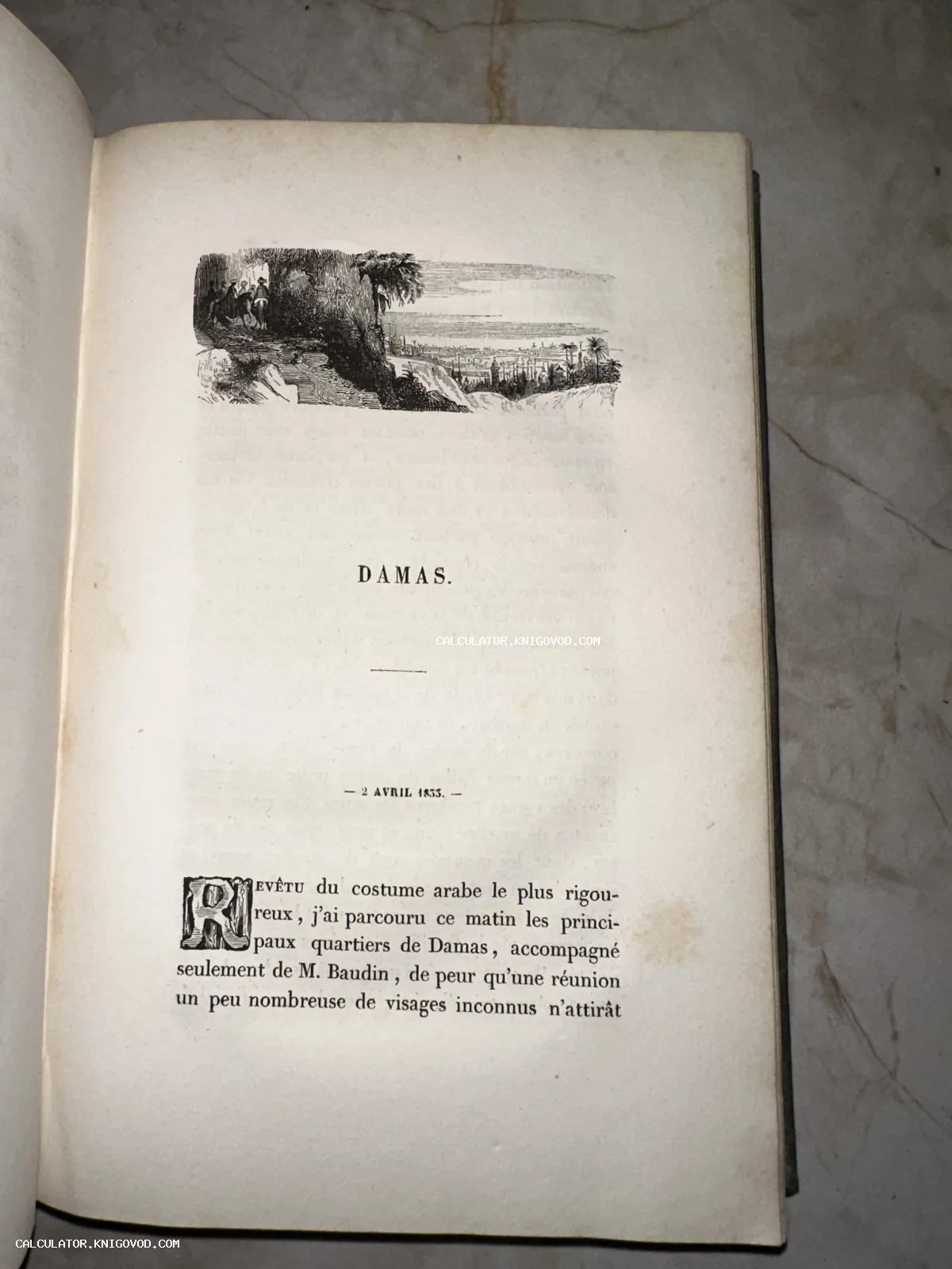 Страница антикварной книги на французском языке с гравюрой, изображающей панораму Дамаска и всадников на тропе.