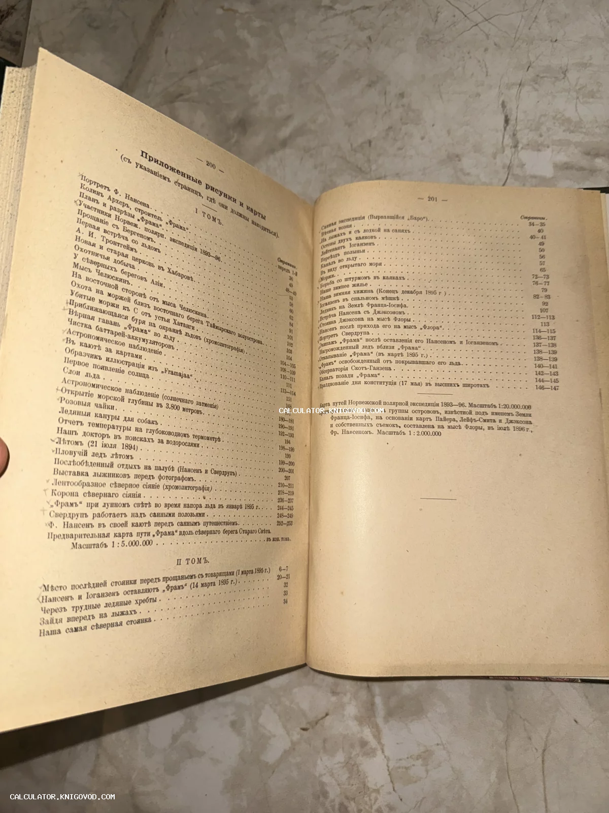 Разворот старинной книги с указателем приложенных рисунков и карт норвежской полярной экспедиции 1893–96 годов на корабле Фрам.