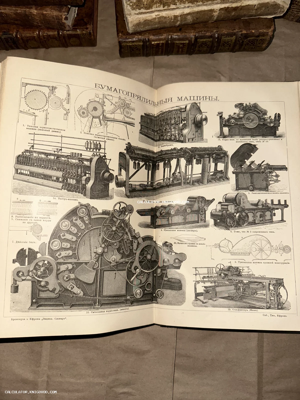 Разворот антикварной энциклопедии с детальными чертежами и схемами промышленных станков конца XIX века.