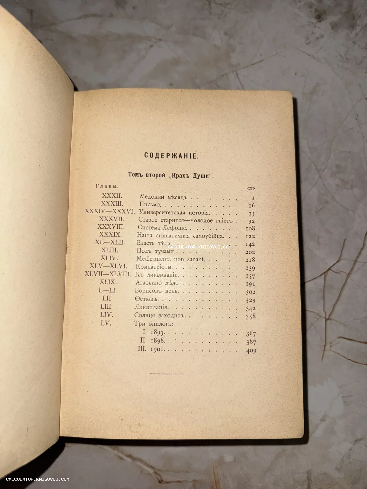 Страница содержания старинной книги на русском языке с дореволюционной орфографией, озаглавленная «Крах души».