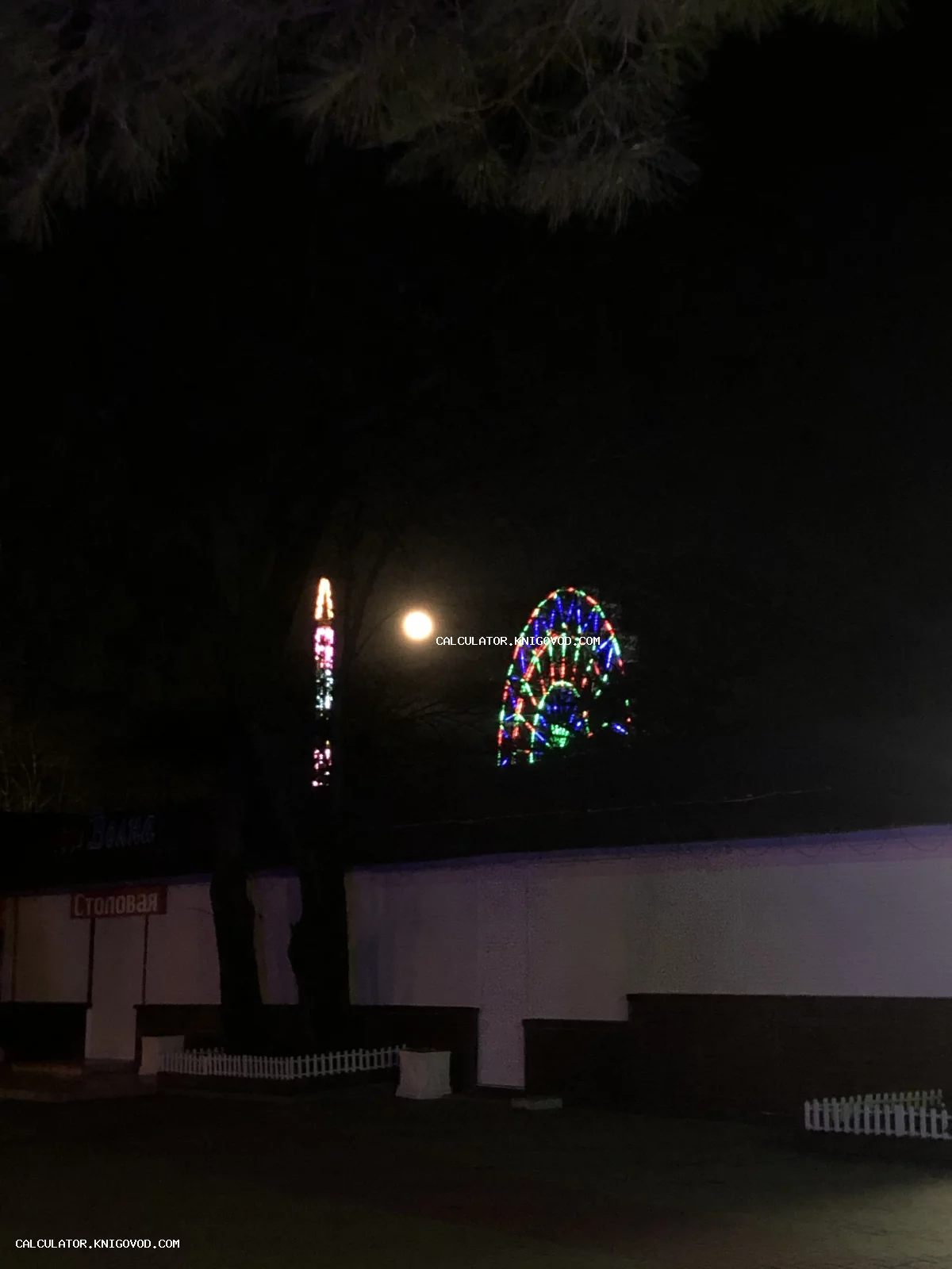 Ночной пейзаж с колесом обозрения, светящейся неоновой башней и полной луной над зданием советской столовой.