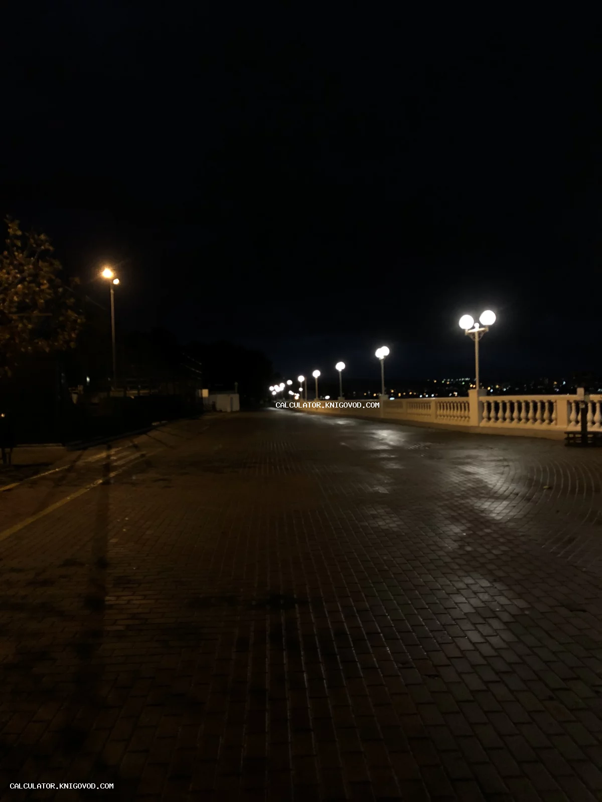 Вид на пустую ночную набережную с белой классической балюстрадой и светящимися круглыми фонарями вдоль мощеной дорожки.