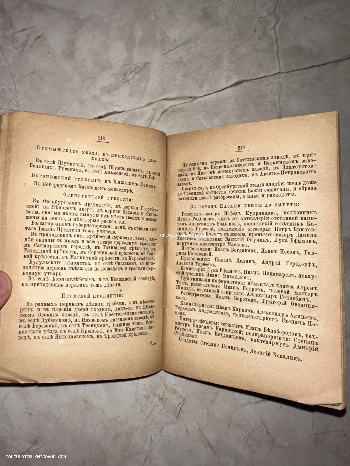 Разворот антикварной книги на русском языке с дореволюционной орфографией, страницы 218 и 219.