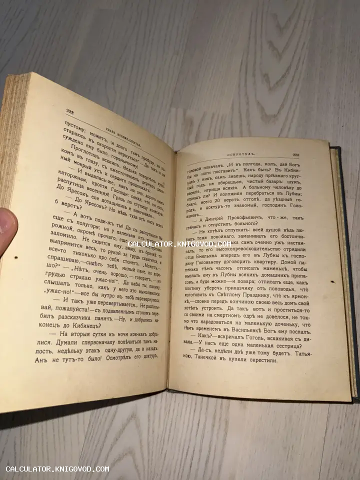 Открытая старинная книга с текстом на русском языке в дореволюционной орфографии на страницах 222 и 223.