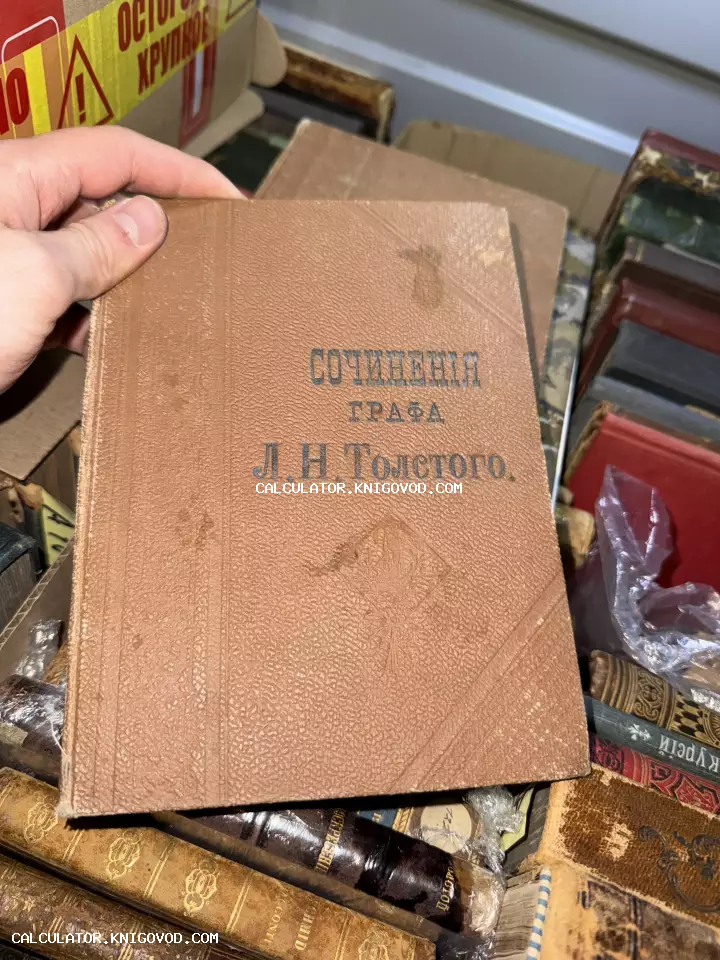 Старинная книга в коричневом переплете с тиснением и надписью 'Сочинения графа Л.Н. Толстого' на русском языке до реформы.
