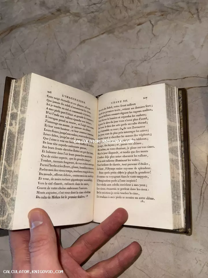 Открытый разворот старинной книги с французским текстом L'Imagination и мраморным обрезом страниц.