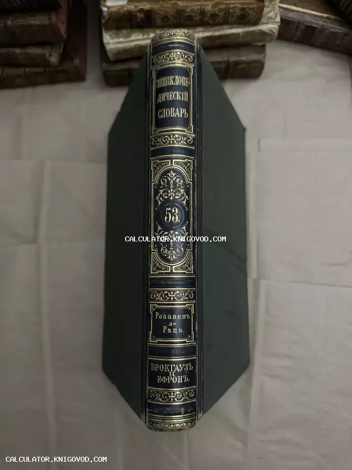 Корешок антикварной книги в темно-зеленом переплете с золотым тиснением и богатым орнаментом.