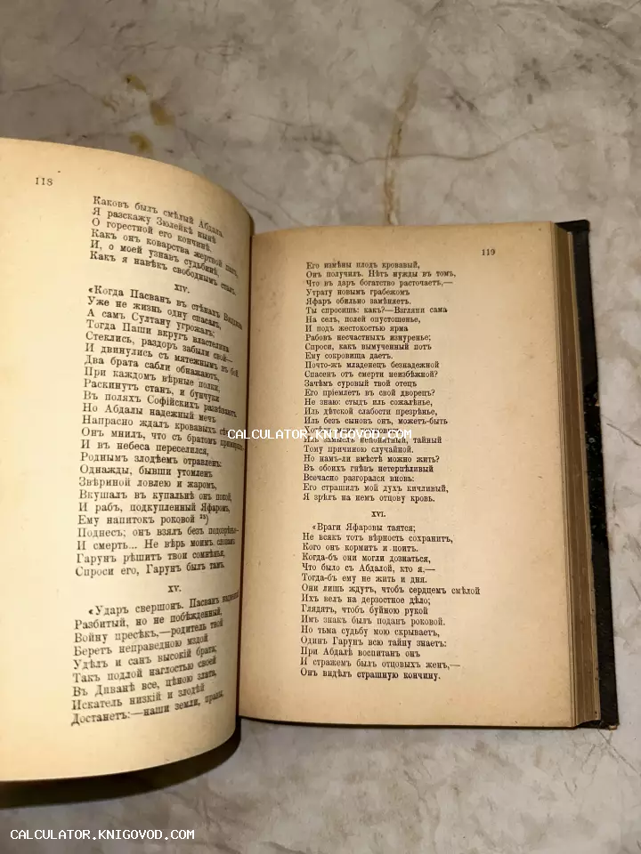 Разворот старинной книги с текстом на дореволюционном русском языке, страницы 118 и 119 с поэтическим произведением.