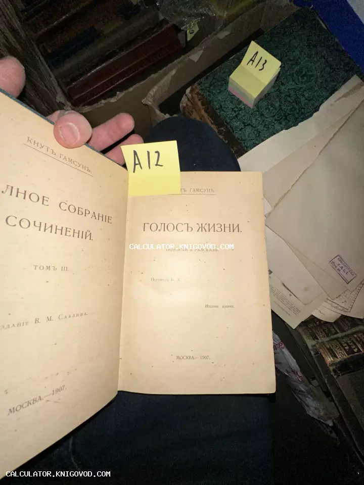 Разворот антикварной книги Кнута Гамсуна 'Голос жизни', изданной в Москве в 1907 году в издательстве В. М. Саблина.