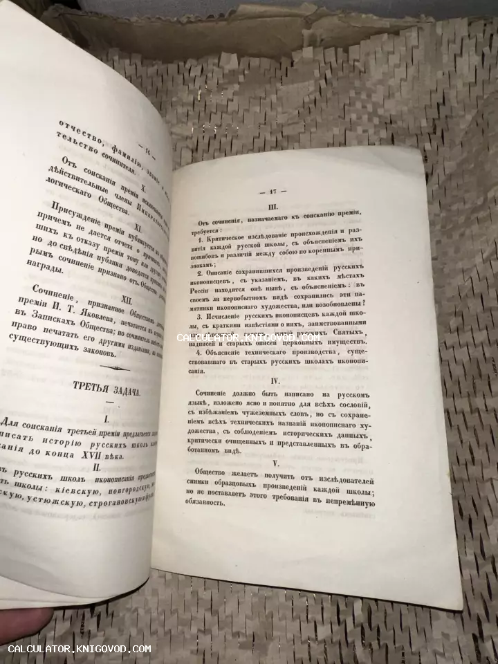 Разворот старинной книги с текстом на дореволюционном русском языке, страницы 16 и 17, посвященные истории русских школ иконописания.