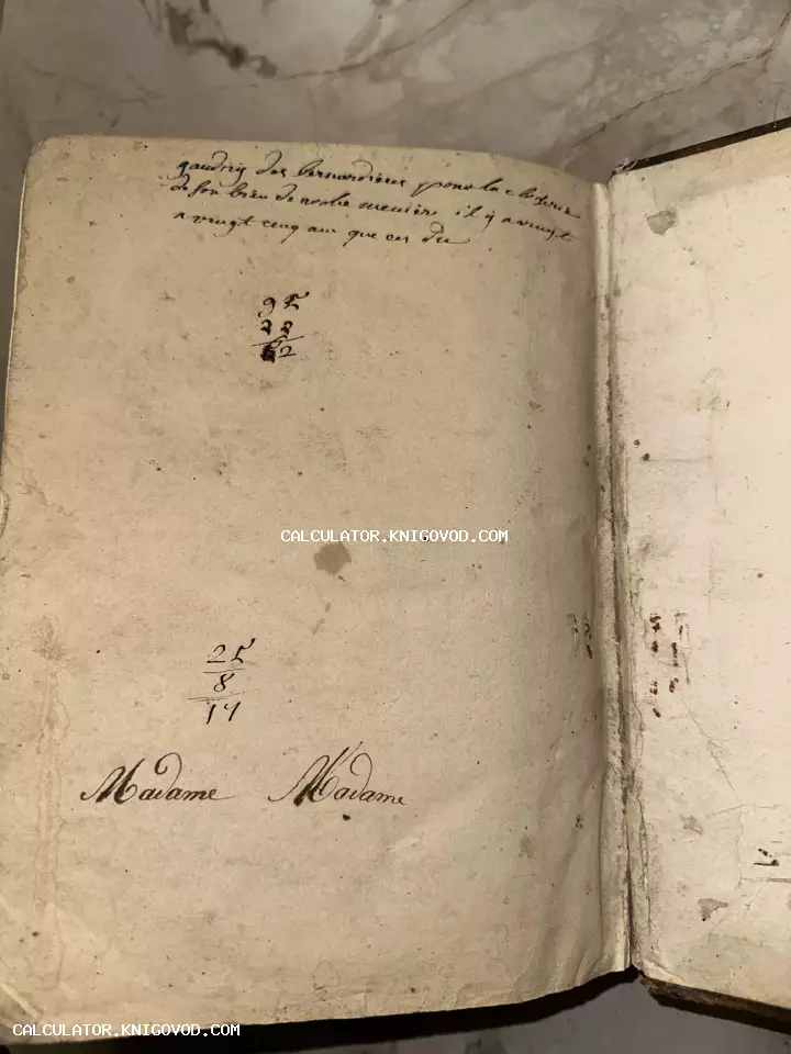 Разворот антикварной книги с пожелтевшими страницами, каллиграфическим почерком и математическими вычислениями чернилами.