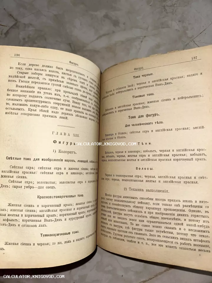 Разворот антикварной книги с текстом на дореволюционном русском языке, описывающим подбор красок для рисования фигур и животных.