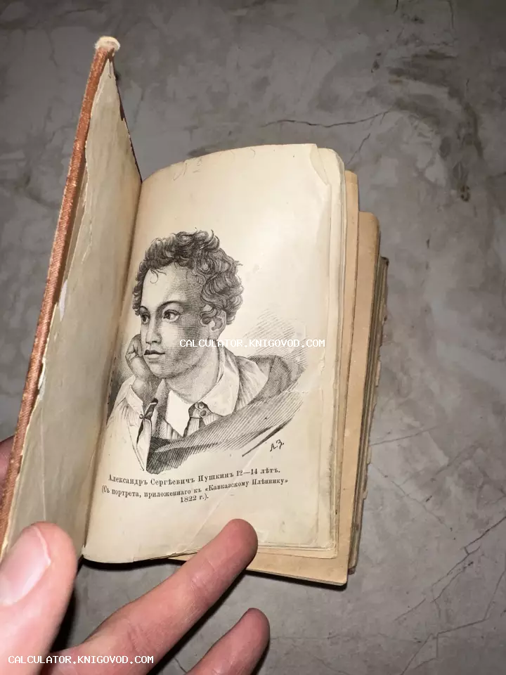 Разворот старинной книги с гравированным портретом А. С. Пушкина в возрасте 12-14 лет на пожелтевшей бумаге.