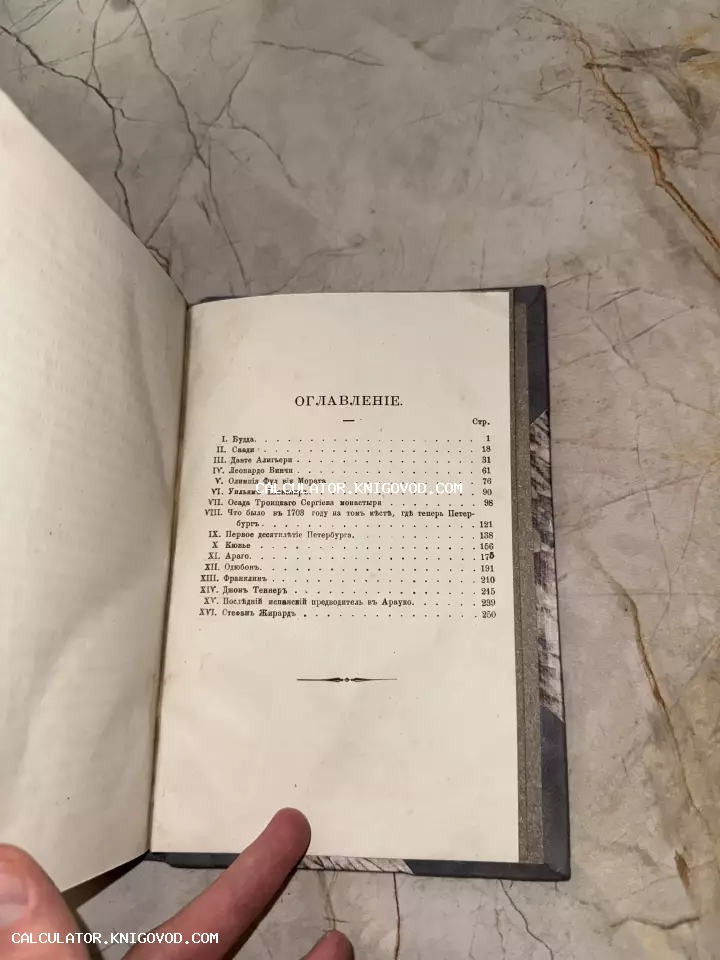 Открытая страница оглавления старинной книги с перечнем глав о Будде, Данте, Леонардо да Винчи и истории Петербурга.