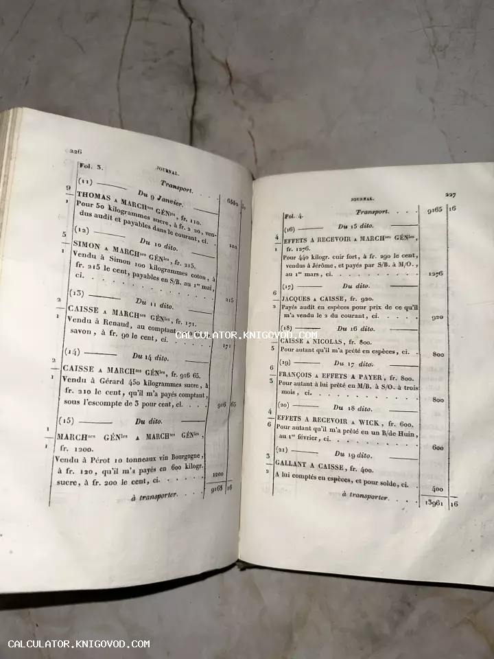 Разворот антикварной книги на французском языке с бухгалтерскими записями и колонками финансовых расчетов.