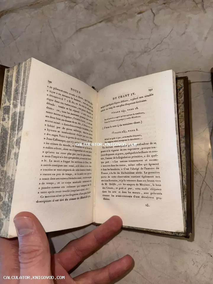 Раскрытая старинная книга на французском языке с декоративным мраморным узором на боковом срезе страниц.