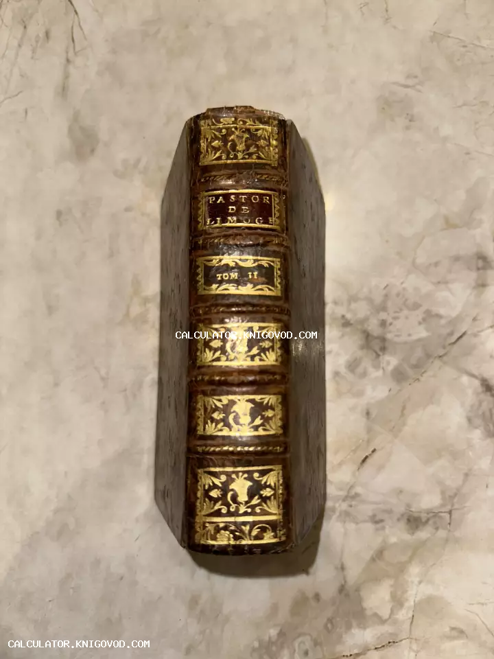 Корешок антикварной книги в коричневом кожаном переплете с золотым тиснением и надписью Pastor de Limoge Tom II.
