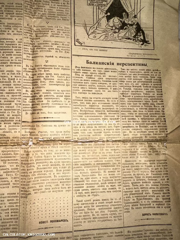 Пожелтевшая страница старинной газеты с политической карикатурой и статьями в дореволюционной орфографии.